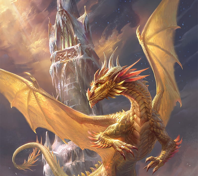 Gilthias the Golden Dragon, dragon, wings, fantasy, golden, yellow, marishka kleyman, HD wallpaper