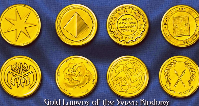 Gold Lumens of the Seven Kingdoms, gold, lumens, kingdoms, paper rpg, seven, paper, coins, rpg, HD wallpaper