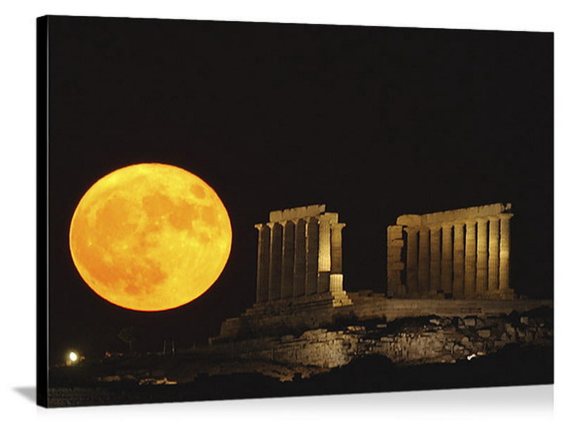moon will rise, sounio, temple, poseidon, full moon, HD wallpaper