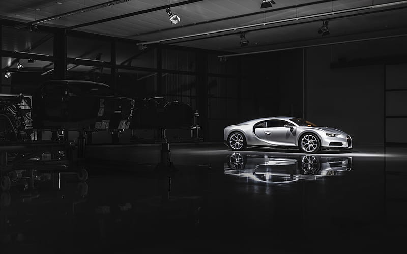 Bugatti Chiron, 2018, garage, hypercar, car assembly, new silver Chiron, Swedish sports cars, Bugatti, HD wallpaper