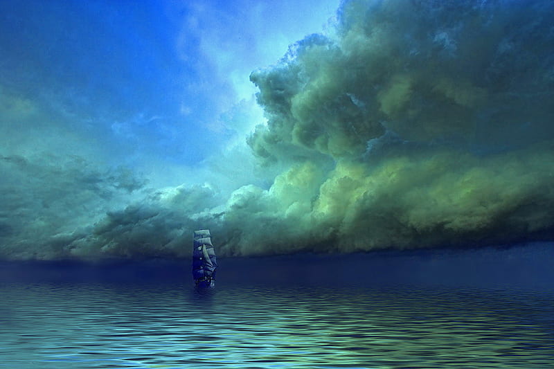 Outsailing the storm, ocean, darkening sky, clouds, storm, sailing ship, HD wallpaper