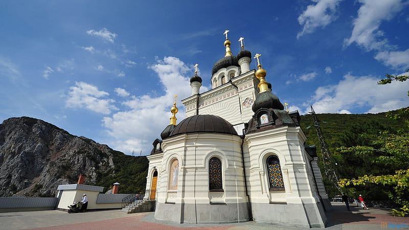 foros orthodox church in yalta, gold crosses, cliff, church, clouds, HD wallpaper