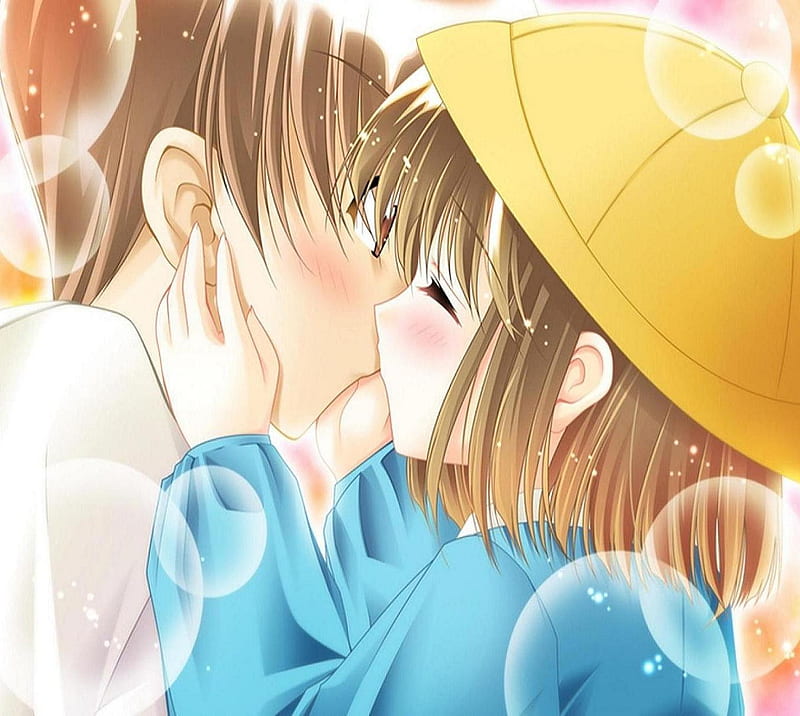 Pleasant kiss, anime, cartoon, cute anime, cute kiss, cute love, kiss, love, HD wallpaper