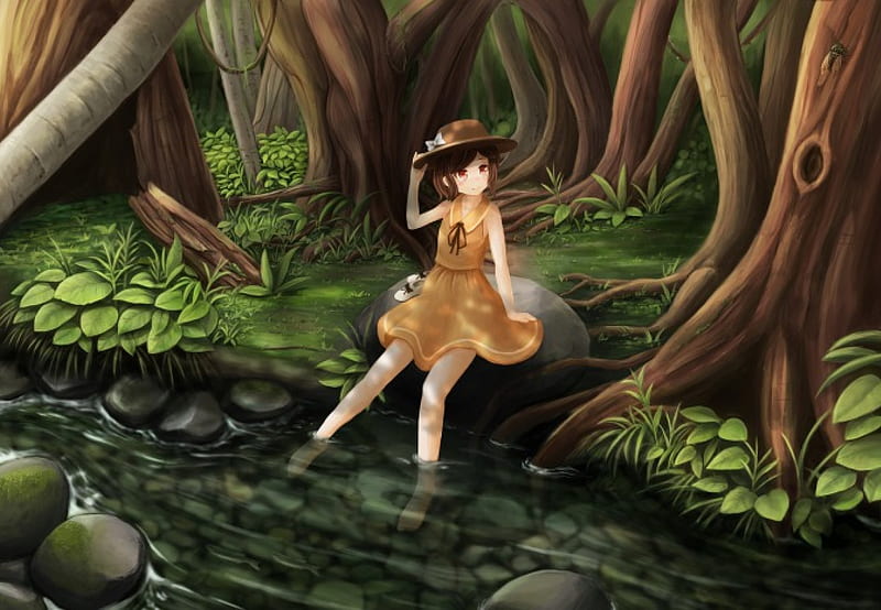 Cold Stream, stream, pretty, wet, dress, scenic cg, plant, brown green, bonito, adorable, sweet, nice, anime, beauty, river, anime girl, scenery, forest, female, lovely, hat, sit, tree, kawaii, water, girl, awesome, sitting, nature, sundress, scene, HD wallpaper