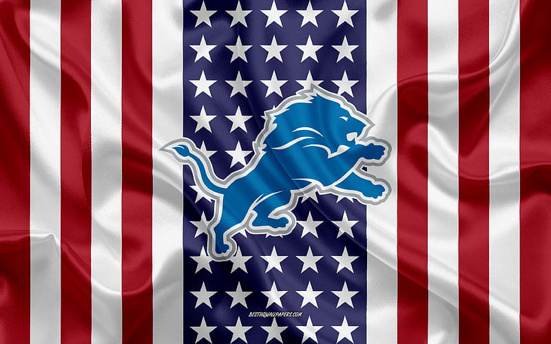 Detroit Lions logo, emblem, silk texture, American flag, American football club, NFL, Detroit, Michigan, USA, National Football League, american football, silk flag, HD wallpaper