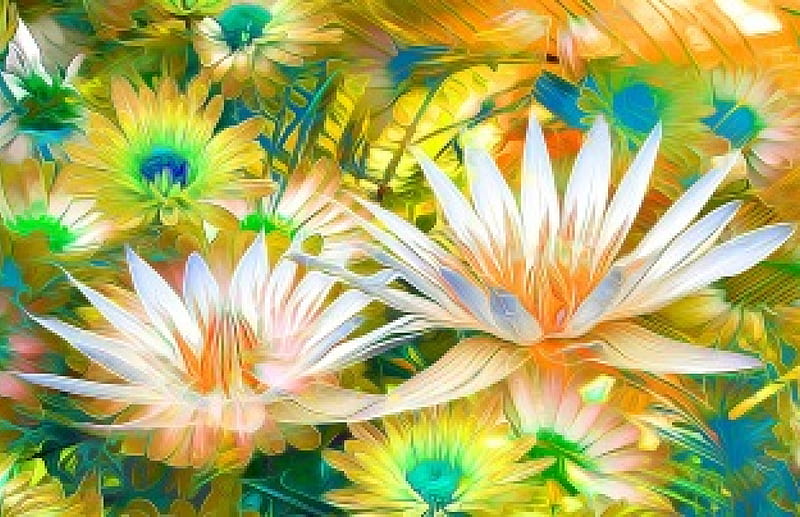 Lotuses, art, lotus, yellow, lake, water, green, texture, painting, flower, white, pictura, HD wallpaper