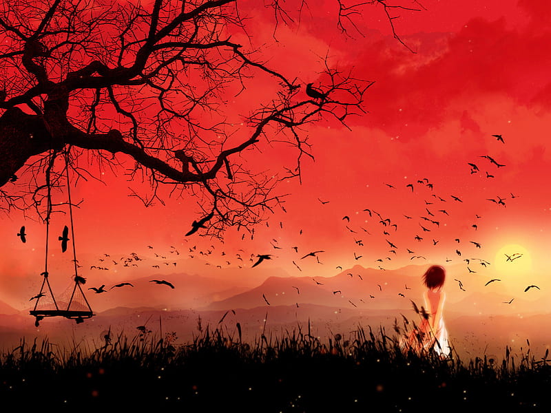 Scarlet Skies, female, scarlet sky, dead tree, anime, HD wallpaper