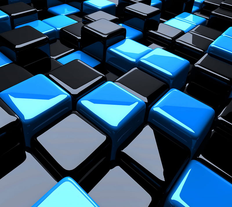 3D Cubes, black, blocks, blue, HD wallpaper