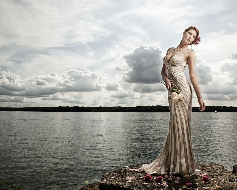 The Work Holmes, water, dress, girl, model, flowers, roses, lake, style, HD wallpaper