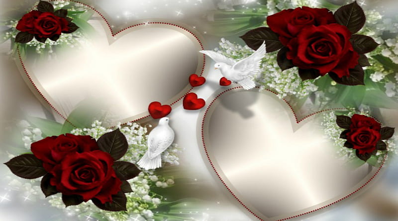 ~*~ Romantic Love ~*~, red roses, doves, love, heart, Romantic Love, HD wallpaper