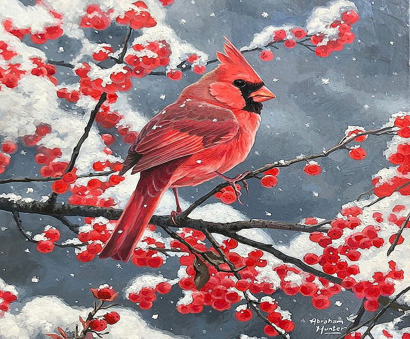 Winter Visitor, bird, snow, berries, painting, branch, cardinal, artwork, HD wallpaper