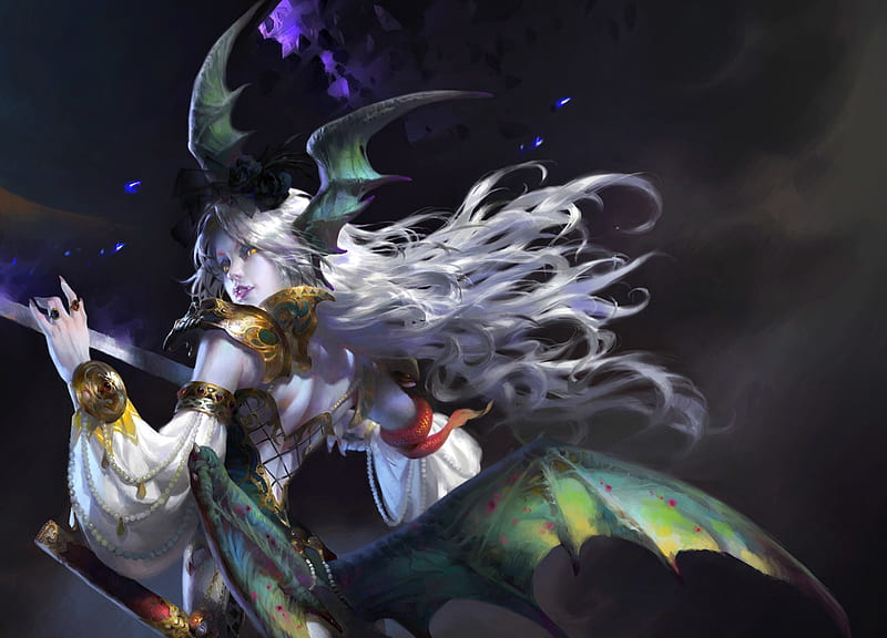 Demon, wings, luminos, wei feng, fantasy, girl, green, hand, sword, HD wallpaper