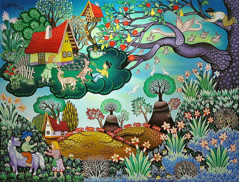 Koday Laszlo, apple, art, tree, painting, flower, horse, HD wallpaper