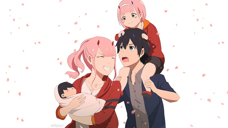 darling in the franxx zero two hiro with children with background of white and pink dots anime, HD wallpaper