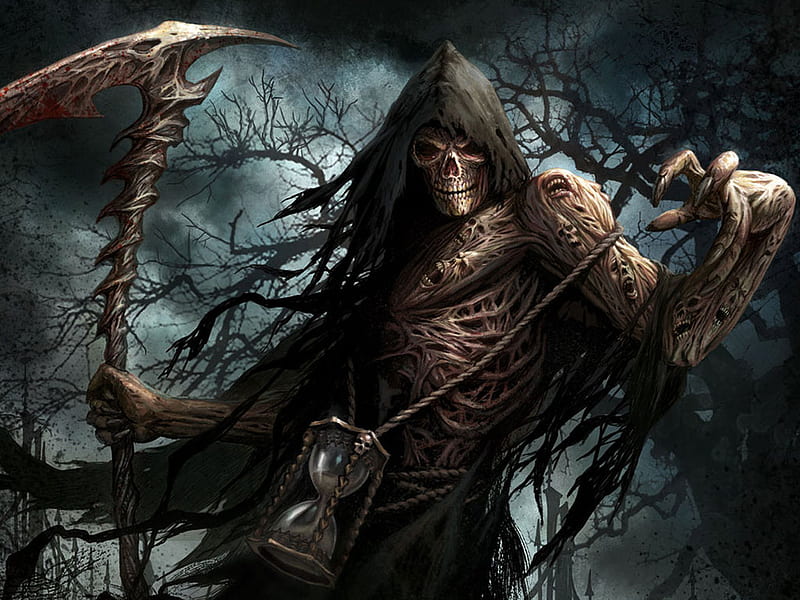 grim reaper, claws, hood, egg timer, souls, skeleton staff, HD wallpaper