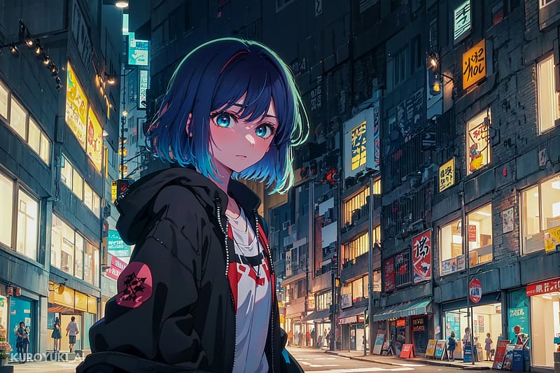girl, city, hoodie, anime, HD wallpaper
