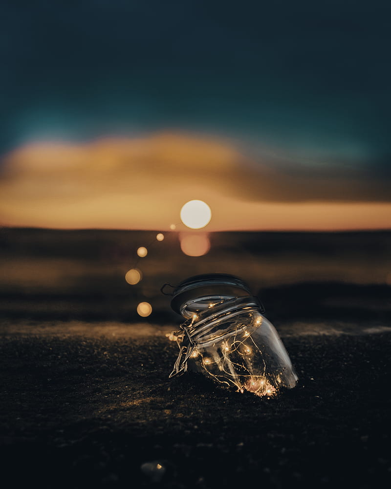 clear glass jar on sand, HD phone wallpaper