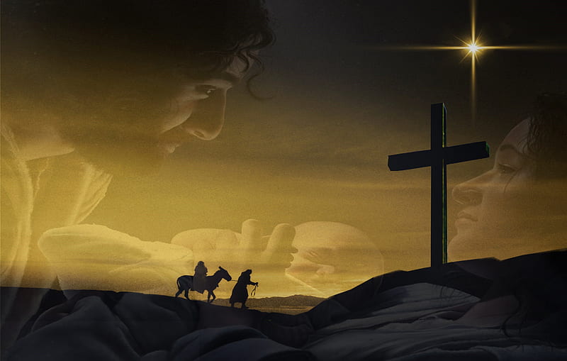 From The Manger To The Cross, donkey, Christmas, holiday, easter, baby, manger, Mary, Jesus, Joseph, baby Jesus, cross, star, HD wallpaper