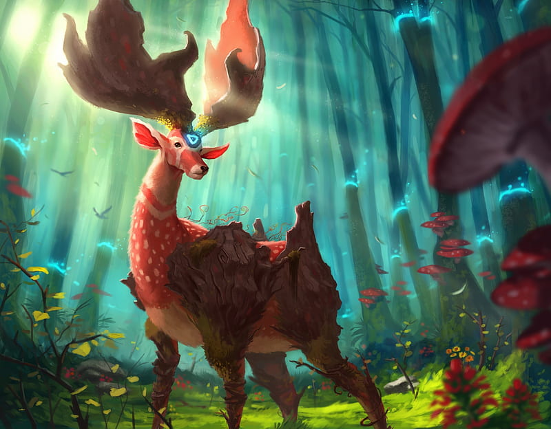 Magical deer, red, forest, luminos, mushroom, horns, fantasy, green, magical, creature, blue, HD wallpaper