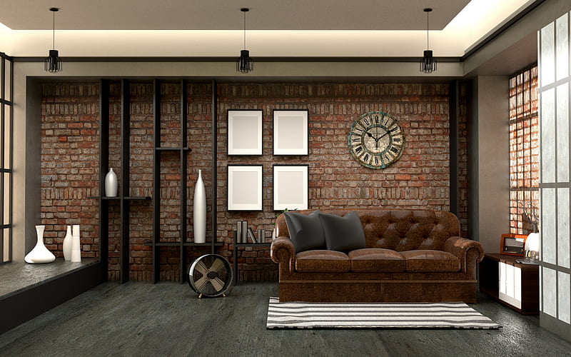 loft style interior, brown brick wall, brown leather sofa, old stylish clock on the wall, loft style living room, HD wallpaper