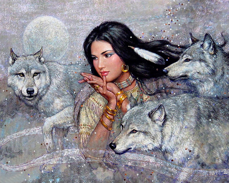 Native american girl and wolves, art, moon, native american, moon, girl, painting, lup, wolf, pictura, HD wallpaper