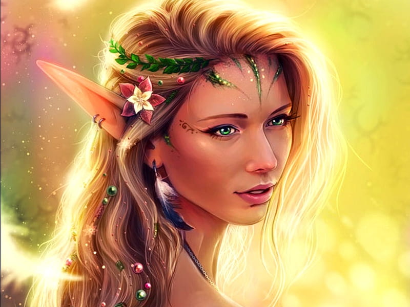 Forest elf, forest, fantasy, luminos, girl, emeraldus, elf, yellow, HD wallpaper