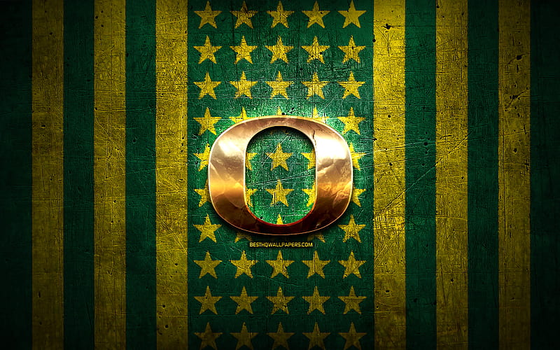 Oregon Ducks flag, NCAA, green yellow metal background, american football team, Oregon Ducks logo, USA, american football, golden logo, Oregon Ducks, HD wallpaper
