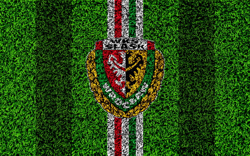 Slask Wroclaw FC logo, football lawn, Polish football club, green grass texture, blue white lines, Ekstraklasa, Wroclaw, Poland, football, art, HD wallpaper