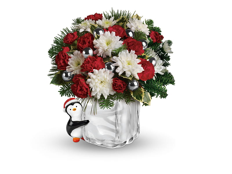 ๑♠๑ A penguin warm hug ๑♠๑, warm hug, red, pretty, little, wonderful, penguin, bonito, small, sweet, crystal vase, foreverfloral design, ice cube-shaped, lovely, tiny, bouquet, entertainment, precious, fashion, white, HD wallpaper