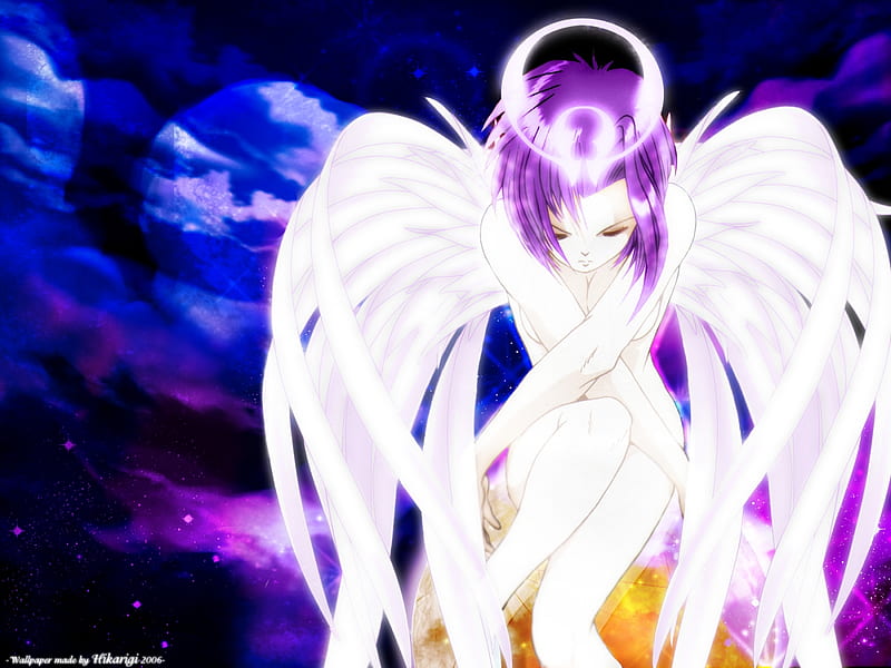 Losing hope in you, stunning, wings, angel, bonito, sky, cute, halo, purple, beauty, anime girl, white, blue, HD wallpaper