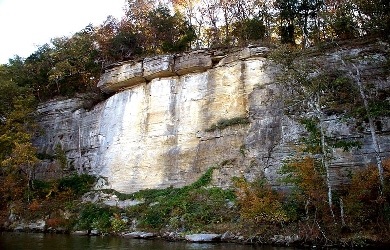 Cumberland River, fall, autumn, water, rock, cumberland, river, trees, hill, HD wallpaper