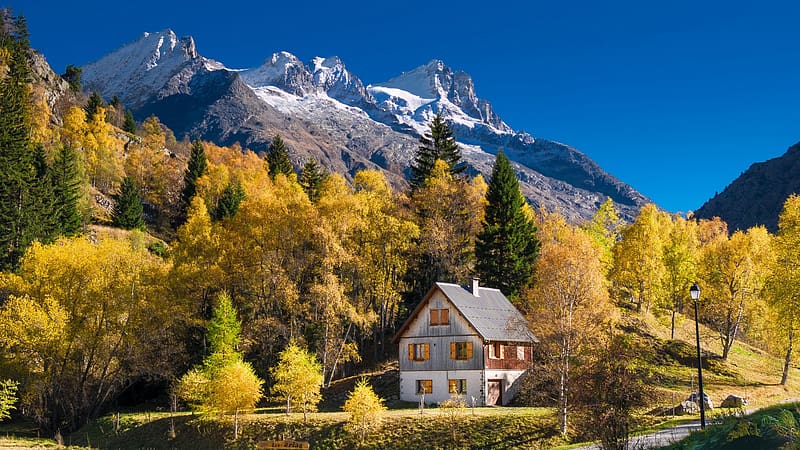 Autumn in French Alps, rocks, fall, house, trees, colors, landscape, HD wallpaper