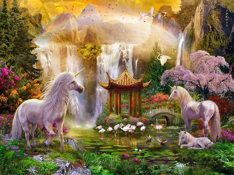 Mystical Unicorns, colorful, rock, water lily, trees, unicorns, abstract, lake, fantasy, painting, waterfall, gazebo, white, HD wallpaper