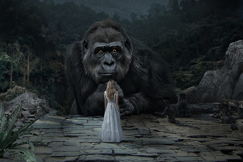 King Kong, monkey, giant, fantasy, luminos, girl, gorilla, joediamondd, HD wallpaper