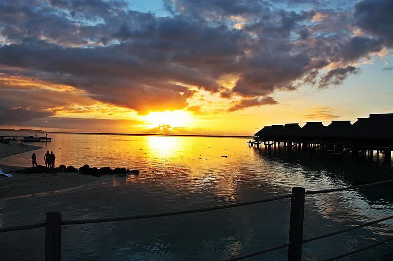 Sunset over Water Bungalows Moorea Island, moorea, polynesia, sun, orange, french, dusk, sunset, twilight, clouds, sea, atoll, lagoon, bungalows, evening, islands, ocean, pacific, south, set, waters, water, island, over, tahiti, villas, HD wallpaper
