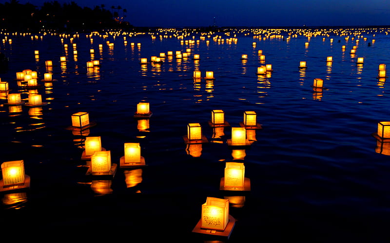 Floating Lanterns, pretty, lantern, bonito, sea, lights, splendor, beauty, reflection, light, blue, night, amazing, lanterns, lovely, view, ocean, floating, sky, lake, water, peaceful, nature, HD wallpaper