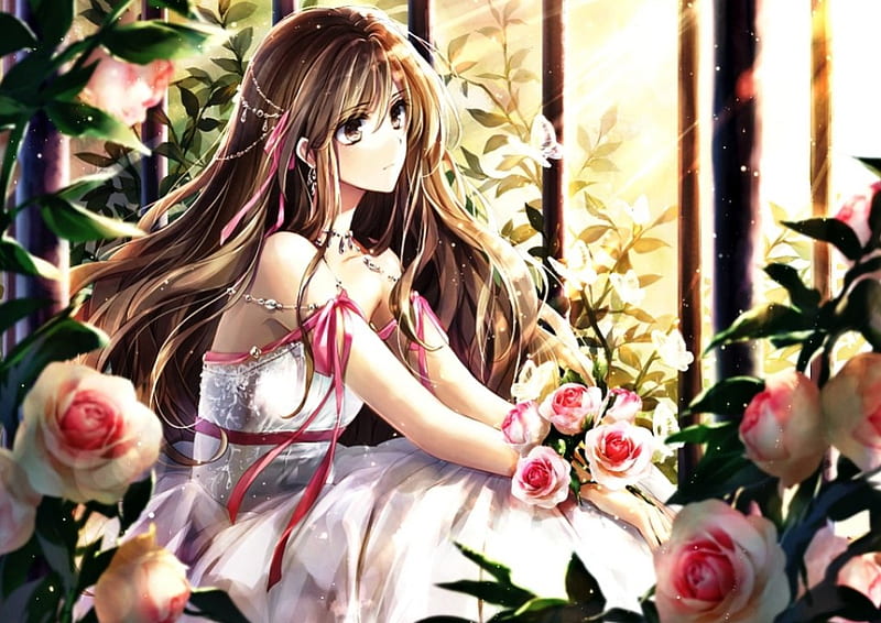 Wondering, Pretty Girl, Beautiful Girl, Pink Rose, Rose, Beautiful Anime, Cute Girl, Brunette, Garden, Long Hair Anime, Roses, HD wallpaper