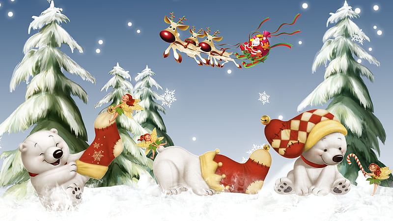 Polar Bear Christmas, sleigh, feliz navidad, christmas, polar bears, firefox persona, trees, sky, xmas, santa claus, cute, whimsical, snow, fairies, reindeer, HD wallpaper