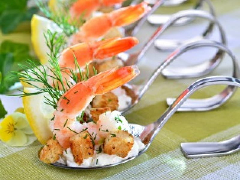 Shrimp in spoon, shrimp, spoon, food, cream, HD wallpaper