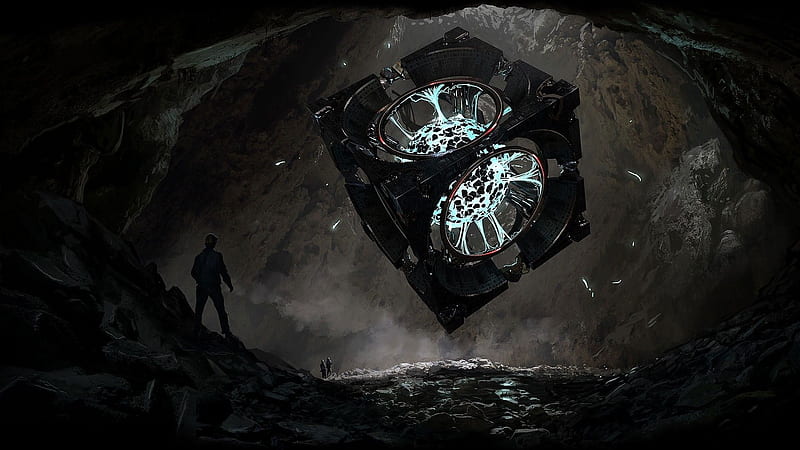 floating cube, underground, cave, miners, magical, Sci-fi, HD wallpaper