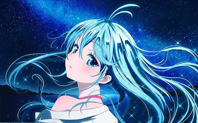 Erio Touwa, green, anime, magic, anime girl, sky, blue, night, HD wallpaper