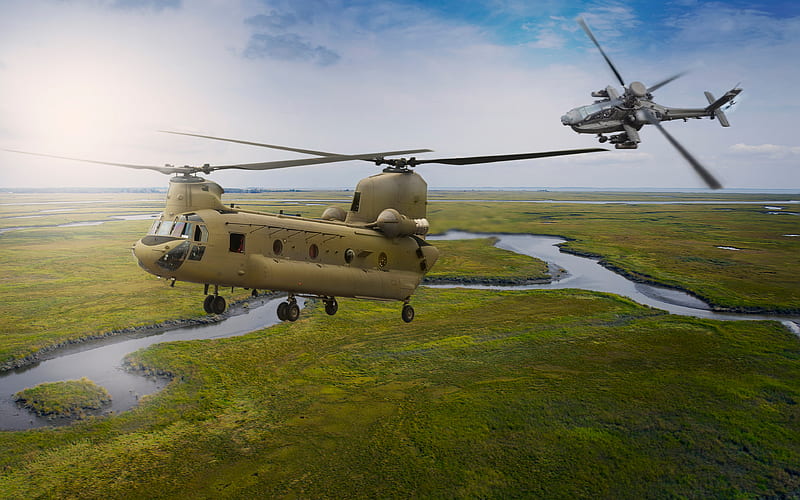 Boeing CH-47 Chinook, McDonnell Douglas AH-64 Apache, transport helicopter, combat helicopter, military aviation US Air Force, HD wallpaper