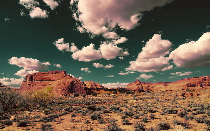green skies over desert, desert, mountains, clouds, shrubs, sky, HD wallpaper