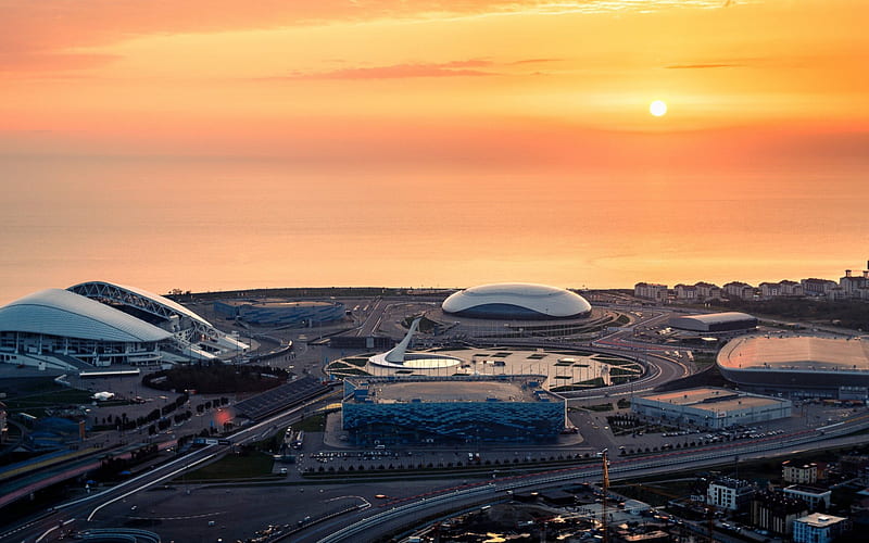 Fisht Olympic Stadium, Sochi, Olympic Park, Russia, sports arenas, stadiums, evening, sunset, modern sports buildings, Black Sea, HD wallpaper