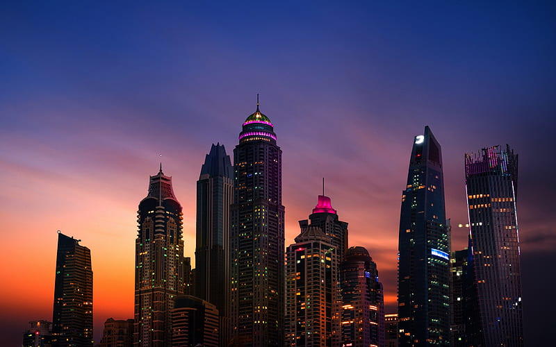 Dubai Marina, sunset, modern buildings, cityscapes, skyscrapers, Dubai, United Arab Emirates, UAE, HD wallpaper