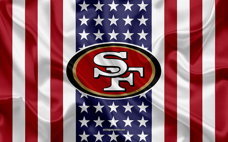 San Francisco 49ers logo, emblem, silk texture, American flag, American football club, NFL, San Francisco, California, USA, National Football League, american football, silk flag, HD wallpaper