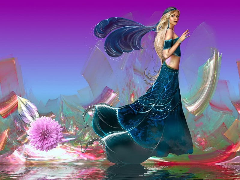 Fantasy girl, witch, wings, glower, black, spring, woman, fantasy, water, girl, purple, pink, fairy, HD wallpaper