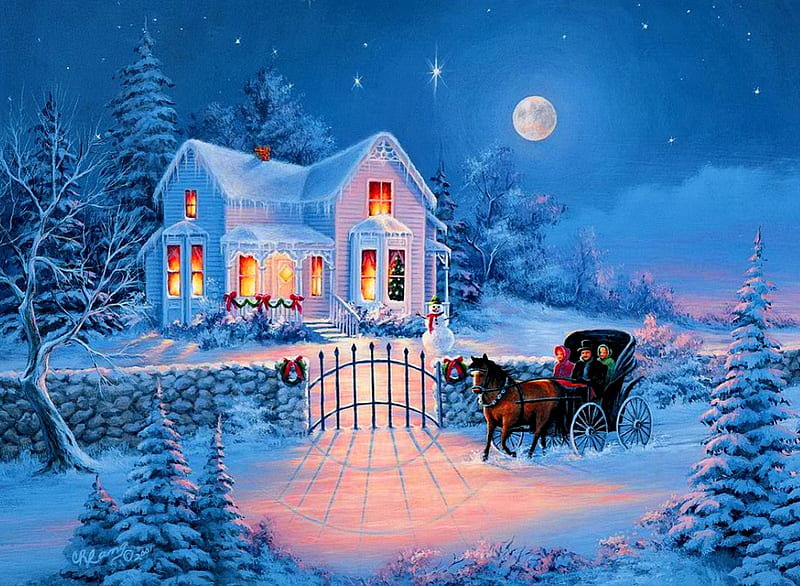 Christmas walk, family, cottage, bonito, snowy, eve, lights, moon, painting, season, frost, art, holiday, christmas, trees, horse, snowman, mood, winter, santa, snow, ice, walk, scene, HD wallpaper