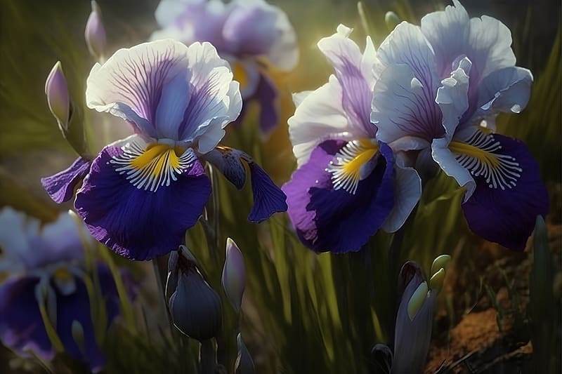 Beautiful iris flowers in the garden, garden, blue, colorful, irises, HD wallpaper