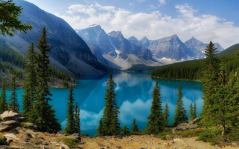 Moraine Lake, glacial lake, mountain landscape, forest, blue lake, Banff National Park, Alberta, Canada, HD wallpaper